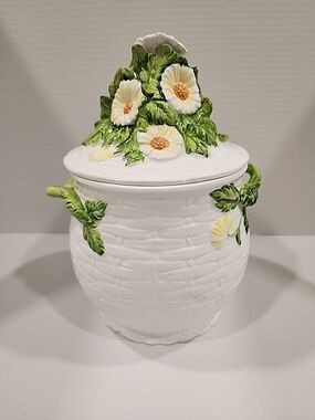 Vintage Z Lefton Rustic Daisy Basket Weave Cookie Jar Canister Cottagecore #3859